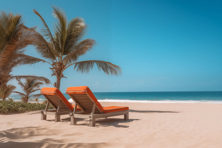 Serenity unfolds: A tropical paradise captured in a snapshot-sun-kissed beach, azure sea, reclining deck chairs, swaying palms. Warmth and beauty in perfect harmony. Sunny day at the sea under palmの素材