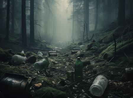 Human impact on nature: a disheartening sight of litter and discarded bottles amidst the serene beauty of the forest. Garbage in a forest. Glass bottles of alcohol are scattered in the forestの素材
