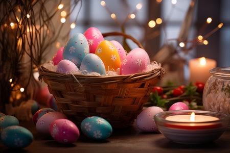 A delightful Easter scene: vibrant painted eggs nestled in a basket alongside flickering candles, celebrating Holy Easter. Capturing the spirit with vibrant colors and whimsical charmの素材
