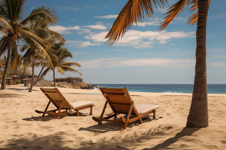 Serenity unfolds: A tropical paradise captured in a snapshot-sun-kissed beach, azure sea, reclining deck chairs, swaying palms. Warmth and beauty in perfect harmony. Sunny day at the sea under palmの素材
