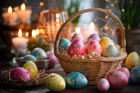 A delightful Easter scene: vibrant painted eggs nestled in a basket alongside flickering candles, celebrating Holy Easter. Capturing the spirit with vibrant colors and whimsical charmの素材