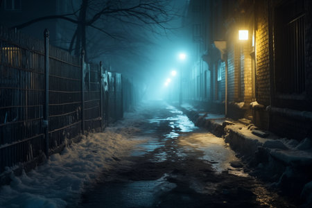 A city shrouded in mist under the veil of a frigid night. Dim street lights reveal remnants of snow on the ground, creating serene and mysterious atmosphere around the ancient churches and buildings.の素材