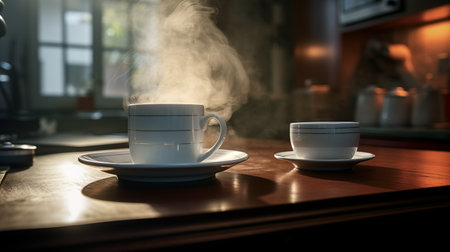 A cup of coffee on the table in the kitchen. Morning coffee. Morning coffee conceptの素材
