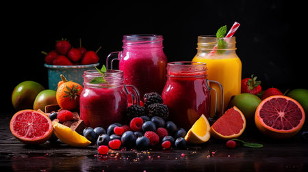Fresh Color Juices Smoothie Violet Green Yellow Orange Red from Tropical Fruits Kiwi Water Melon Strawberry Apple Orange Pine Apple Mango Pomegranate Grape Bottles Rainbow Dark Backgroundの素材