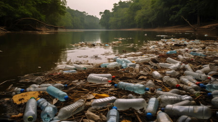 Polluted river in plastic bottles. Poor culture of consumption to achieve the progress of modern civilization gives a negative impact on the surrounding nature. Ecological catastrophe.の素材