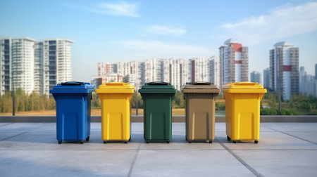Many multicolored trash bin with the city in the background. Recycling and storage of waste for further disposal, trash sorting conceptの素材