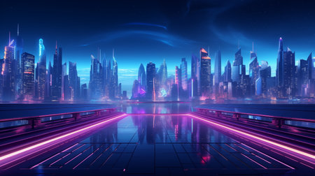 Night city street with neon illumination, metaverse technology glow buildings, perspective view from rooftop. Urban architecture, megalopolis infrastructure in darkness.の素材