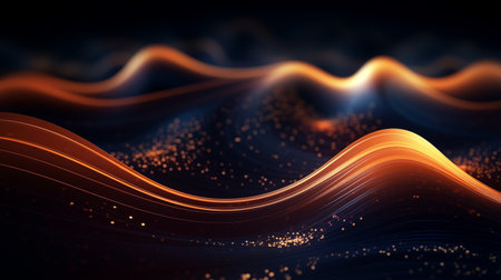 Abstract shiny color waves design element. A vivid sound wave visualization dancing across a deep blue canvasの素材
