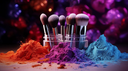 Set of face cosmetic makeup powder with powder brushes. Colorful cosmetic powders and makeupの素材