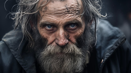 Homeless old man portrait. Portrait of a homeless bearded manの素材