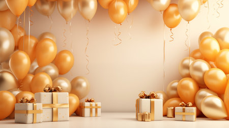 Celebrate happy birthday, gold platform banner. Party stage backdrop with gold balloonsの素材