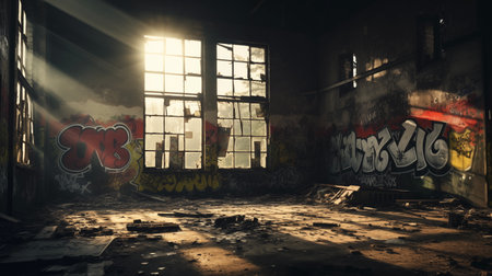 Old house with broken windows and graffiti. Abandoned, messy and trashed house interior with graffiti on walls.の素材
