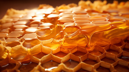 Close up of honey bees on wax honeycombs with hexagonal cells for apiary and beekeeping, concept background. Working bees on honeycomb. Wax, perga pollen and honey. Honey production.の素材