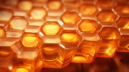 Close up of honey bees on wax honeycombs with hexagonal cells for apiary and beekeeping, concept background. Working bees on honeycomb. Wax, perga pollen and honey. Honey production.の素材