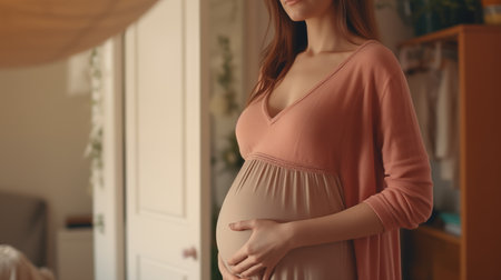 Pregnant woman dreaming about child. Young happy expectant thinking about her baby and enjoying her future life at home. Motherhood, pregnancy, happiness concept, copy spaceの素材