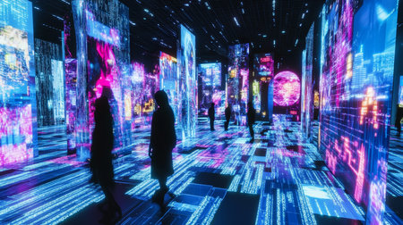 Futuristic cityscape alive with neon lights and digital code in a dynamic urban environmentの素材