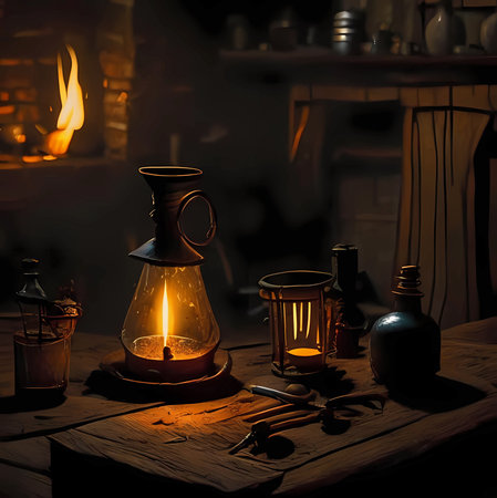 The atmosphere of an old workshop of the century before last. Tools, a kerosene lamp and glass containers are visible on a wooden table.の素材