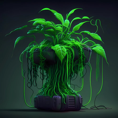 Fantastic green plant in an unusual stone pot illuminated with soft light on a dark background.の素材