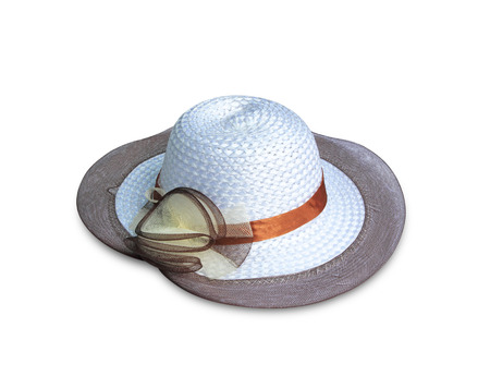 Pretty straw hat with flower on white backgroundの写真素材