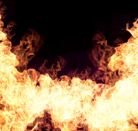 Fire flames collection isolated on black backgroundの写真素材