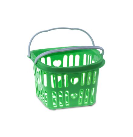 Green plastic basket Isolated on white backgroundの写真素材