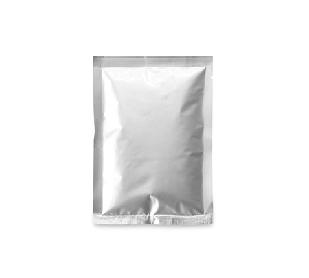 Aluminum bag containing chemicals isolated on white background.の写真素材