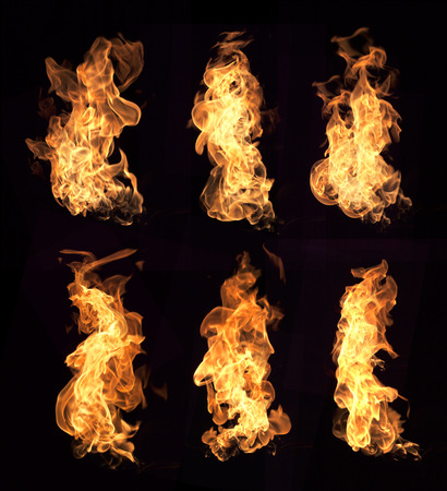Fire flames collection isolated on black backgroundの写真素材