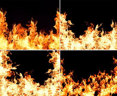 Fire flames collection isolated on black backgroundの写真素材