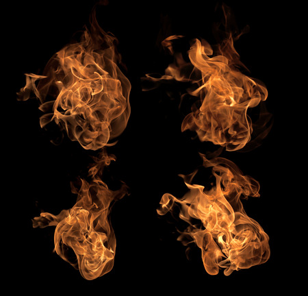 Fire flames collection isolated on black backgroundの写真素材