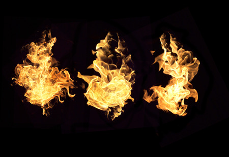 Fire flames collection isolated on black backgroundの写真素材