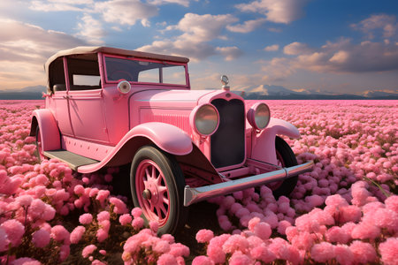 classic natural background clean look pink car picture pink flower field Generative AIの素材