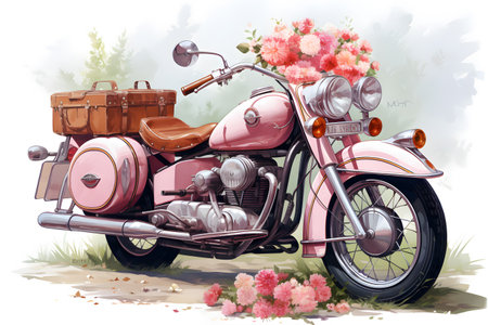 Classic pink motorcycle with a basket of brightly colored flowers, isolated on white background  Generative AIの素材