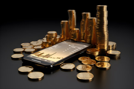 Gold coins silver coins represent investment trading and candle tank charts on mobile screens Generative AIの素材