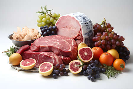 fresh food milk meat vegetables fruit isolated white background Generative AIの素材