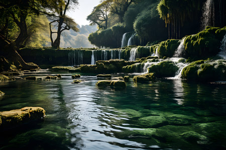 Beautiful waterfall green nature trees and mountains Generative AIの素材