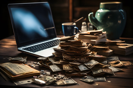 notebook desk The image of money floated in trading Generative AIの素材