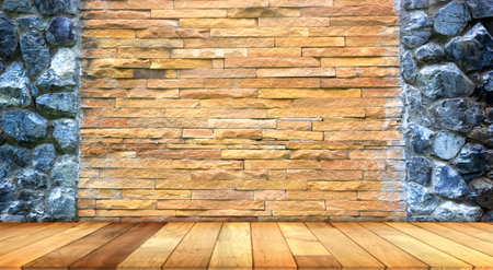 old wooden floor stone wall interior decoration pattern backgroundの写真素材