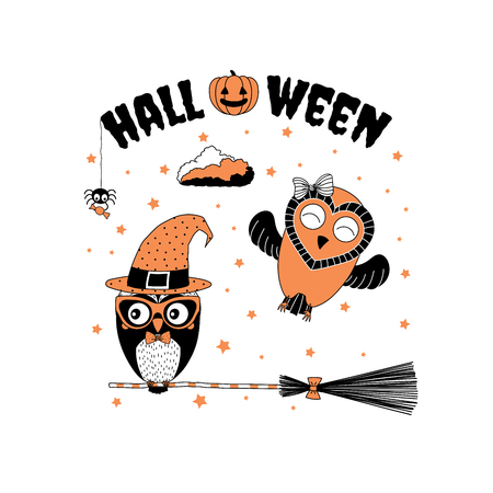 Hand drawn vector illustration of funny cartoon owls, one with a ribbon, another in a witch hat, glasses and bow tie, flying on a broomstick, with text and pumpkin. Design concept for kids, Halloween.のイラスト素材