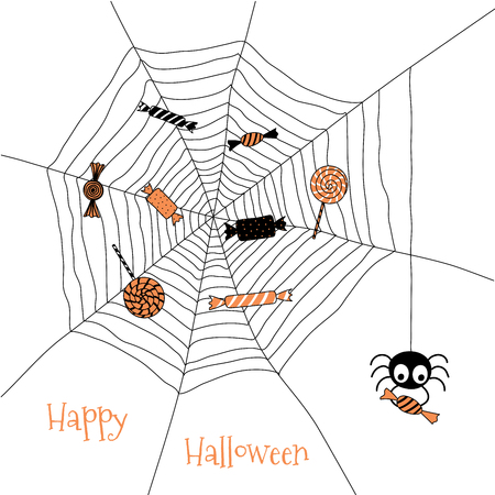 Hand drawn vector illustration of a spider web with sweets caught in it and a funny cartoon spider holding candy hanging from a thread, with text Happy Halloween. Design concept for children.のイラスト素材