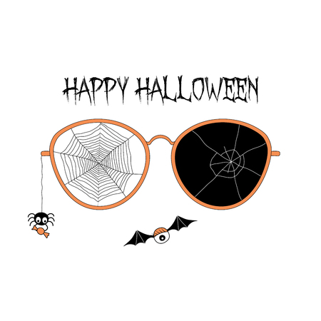 Hand drawn vector illustration of cracked glasses, spider web, spider holding candy hanging on a thread, flying eyes on bat wings, with text Happy Halloween. Isolated objects Design concept for kids.のイラスト素材