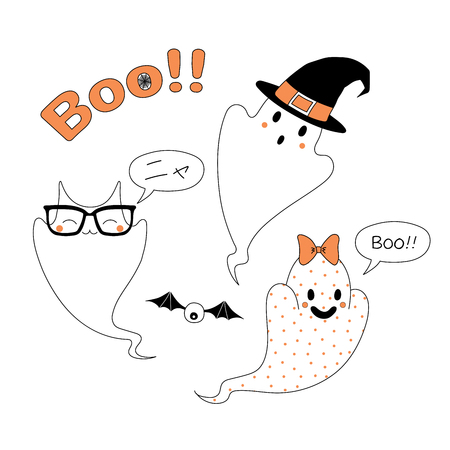 Hand drawn vector illustration of funny cartoon ghosts, with cat ears saying Meow (Nya) in Japanese, in a witch hat, with a ribbon saying Boo, with text Boo. Design concept for children, Halloween.のイラスト素材