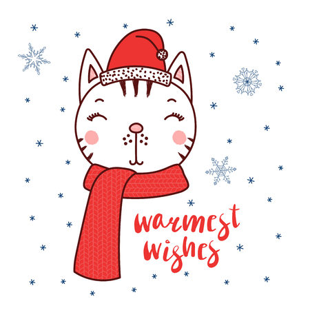 Hand drawn vector portrait of a cute cartoon funny cat in a Santa hat, text Warmest wishes. Isolated objects on white background with snowflakes. Vector illustration. Design concept kids, Christmasのイラスト素材