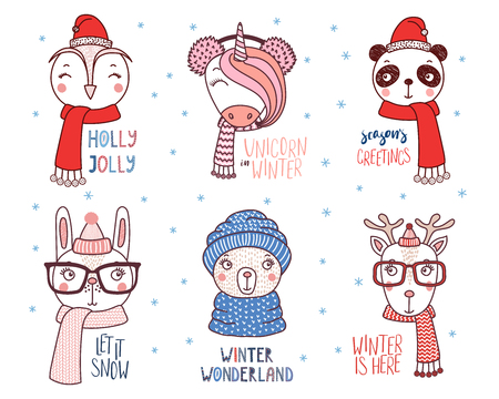 Set of hand drawn cute funny animals in different hats, glasses, earmuffs, mufflers, with winter, snow, Christmas quotes. Isolated objects on white background. Vector illustration. Design concept kidsのイラスト素材