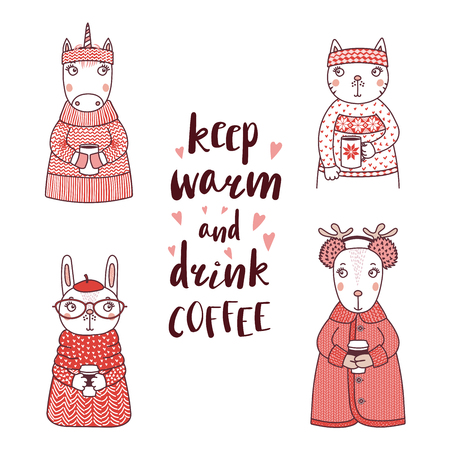 Hand drawn vector illustration of a funny rabbit, cat, unicorn, deer, in knitted sweaters, holding cups, text Keep warm and drink coffee. Isolated objects on white background. Design concept for kids.のイラスト素材