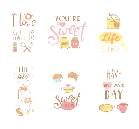 Set of different hand drawn sweet food doodles, with kawaii cartoon faces, typography elements. Isolated objects on white background. Design concept dessert, kids, greeting card, motivational poster.のイラスト素材