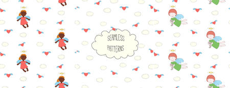 Set of hand drawn cute seamless vector patterns with little angel girls, one holding a cat, hearts, clouds, on a white background. Design concept for children textile print, wallpaper, wrapping paperのイラスト素材