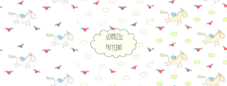 Set of hand drawn cute seamless vector patterns with winged unicorn, flying hearts and clouds, on a white background. Design concept for children textile print, wallpaper, wrapping paper.のイラスト素材