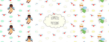 Set of hand drawn cute seamless vector patterns with little angel girls, one holding a cat, hearts, clouds, on a white background. Design concept for children textile print, wallpaper, wrapping paperのイラスト素材