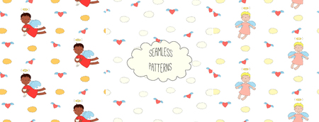Set of hand drawn cute seamless vector patterns with little angel girls, one holding a cat, hearts, clouds, on a white background. Design concept for children textile print, wallpaper, wrapping paperのイラスト素材