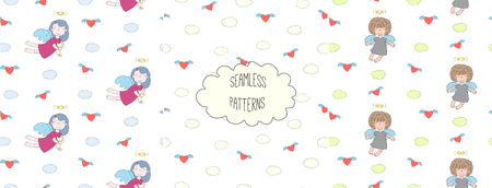 Set of hand drawn cute seamless vector patterns with little angel girls, one holding a cat, hearts, clouds, on a white background. Design concept for children textile print, wallpaper, wrapping paperのイラスト素材